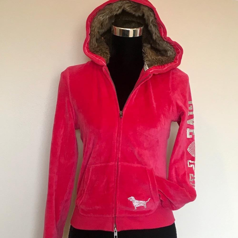 💕VS PINK studded velour jacket., with Fur hood.